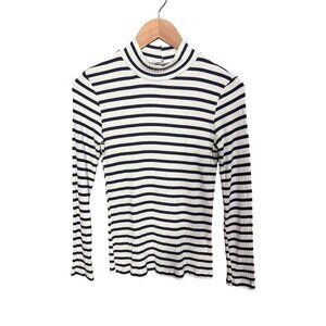 Frame Womens 70s Striped Ribbed Long Sleeve Mock Neck Top White & Navy M